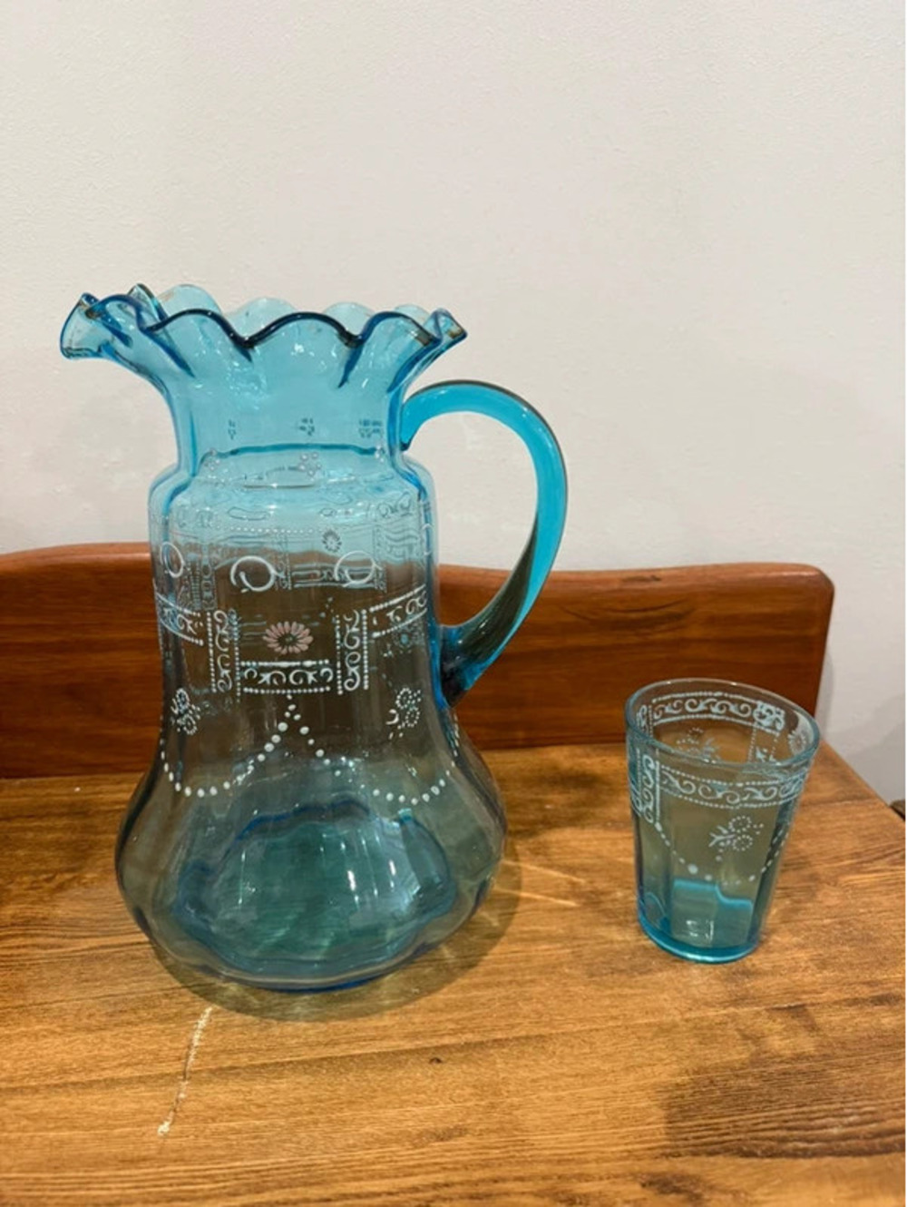 Antique Victorian Blue Glass Enamel Pitcher & Tumbler Set